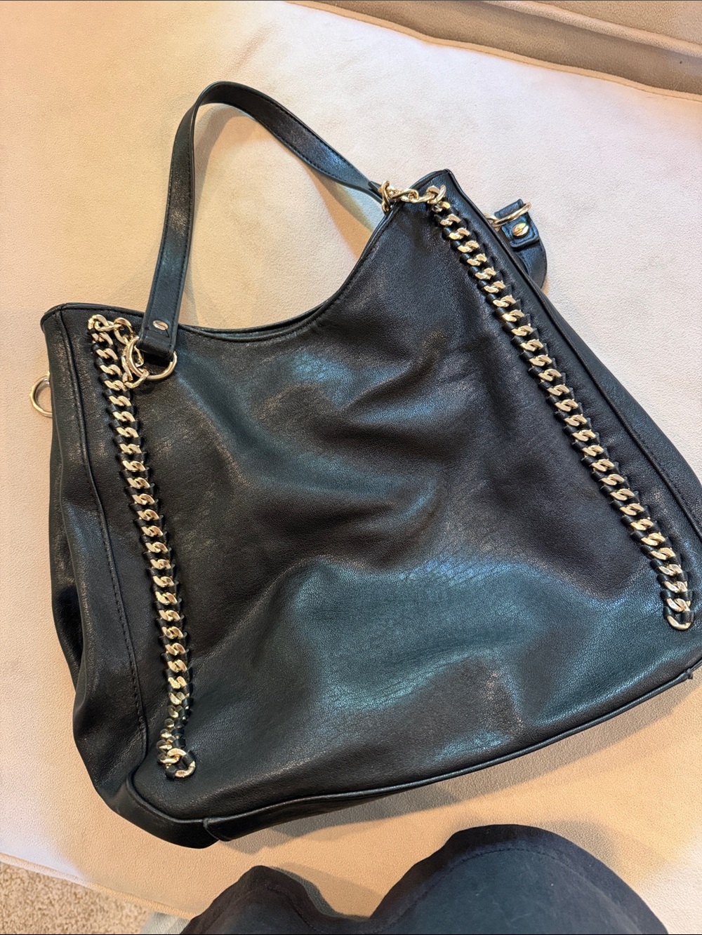 Black Leather Tote Bag with Gold Chain Detail